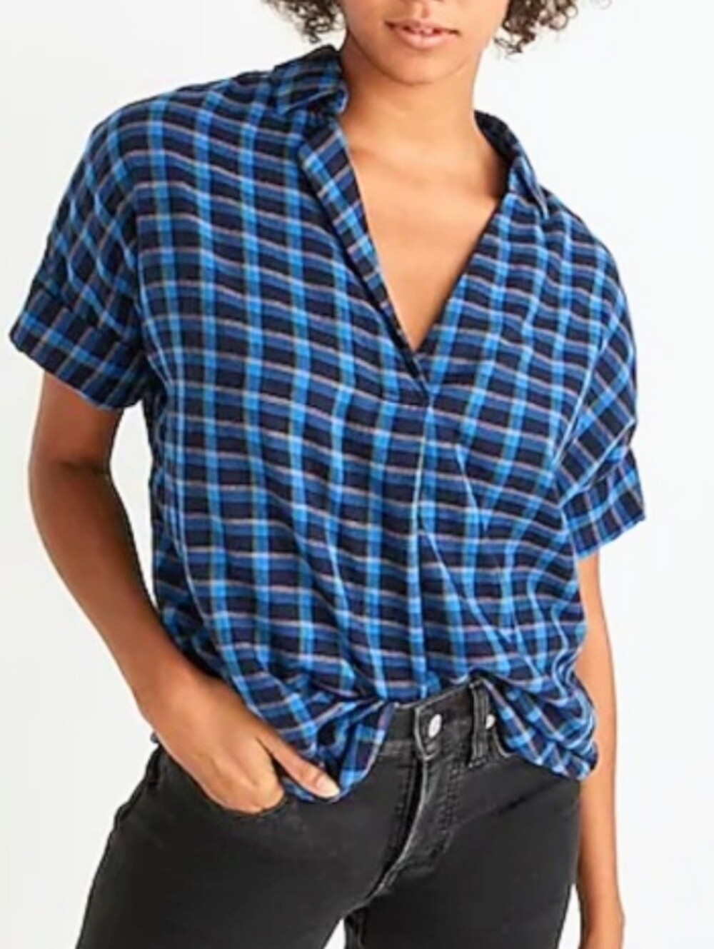 Madewell Double-Faced Park Boxy Popover Shirt in Plaid Blue Cotton Size XS
